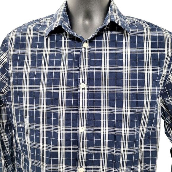 2/$20 H&M Navy Blue & White Plaid Pattern Buttons Down Shirt Slim Fit Size: M - Picture 4 of 12